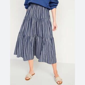 Chambray Striped Tiered Maxi Skirt Women’s L Blue White Coastal Preppy Dopamine